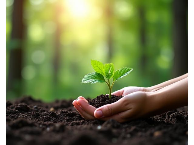 Une main plantant un jeune arbre dans un sol riche, avec une forêt luxuriante en arrière-plan et un léger effet de lumière émeraude, symbolisant le tourisme durable.