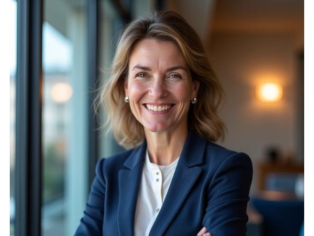 Portrait souriant d'Isabelle Moreau, CEO de Lumière Voyage, femme élégante et charismatique.