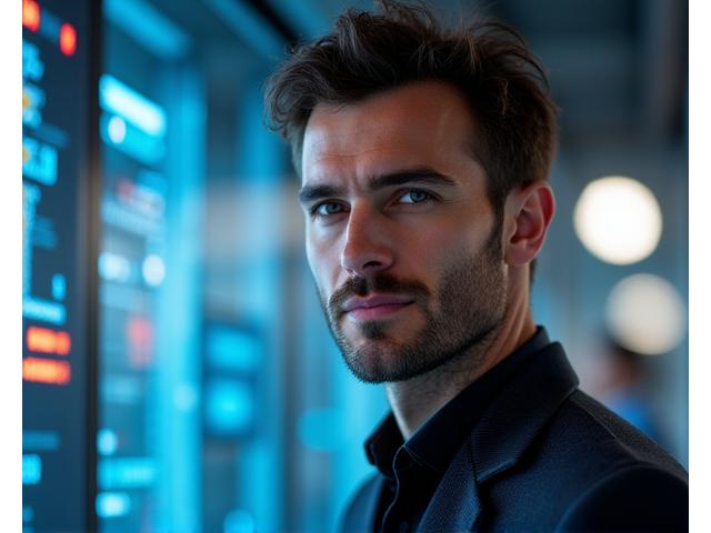 Portrait engageant de Marc Dubois, CTO de Lumière Voyage, un homme réfléchi et visionnaire.
