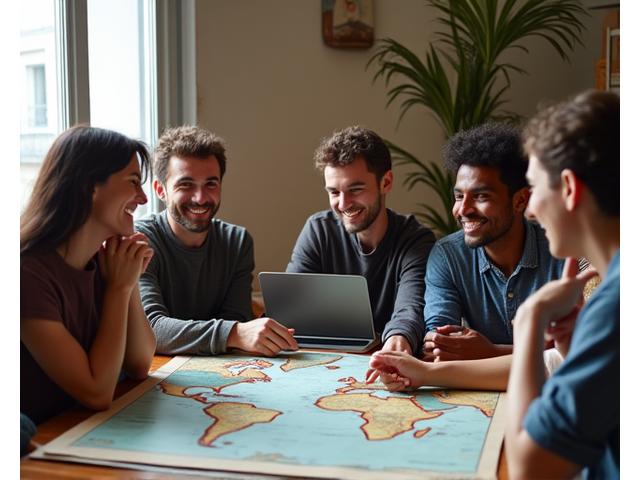 Photo d'archives de l'équipe fondatrice de Lumière Voyage en 2015, souriante et déterminée, autour d'une carte du monde avec un ordinateur portable.