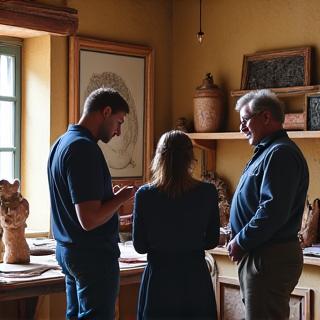Un couple découvrant des ateliers d'artistes cachés avec un guide local à Florence, montrant une connexion culturelle profonde.