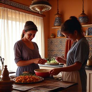 Une voyageuse apprenant à cuisiner des plats locaux avec une femme marocaine chaleureuse dans une cuisine traditionnelle à Marrakech.