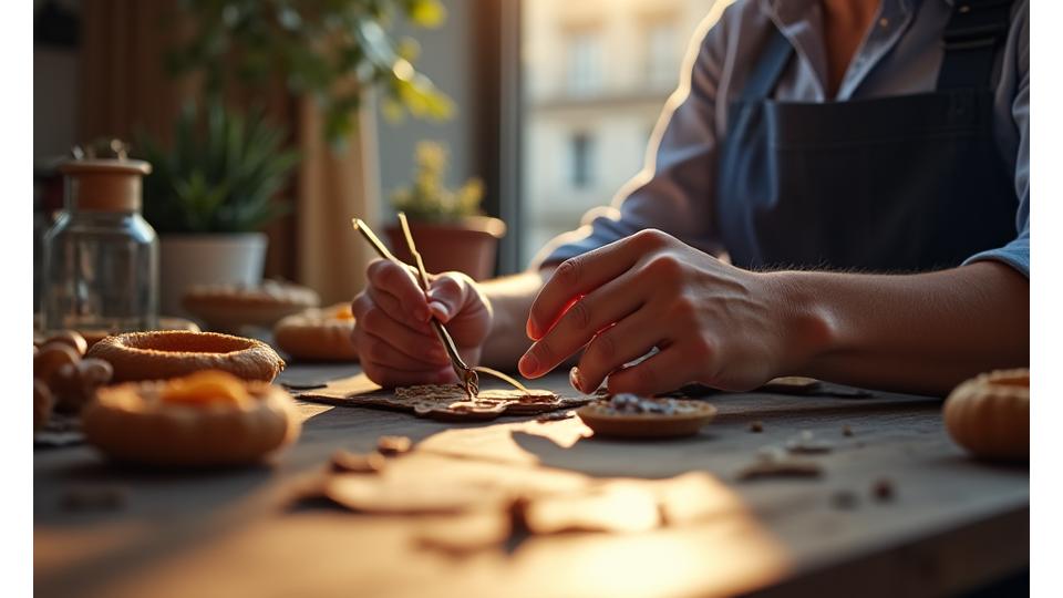Travail artisanal délicat dans un atelier parisien, avec des outils traditionnels et des matériaux nobles. Mise au point sur les mains d'un artisan.