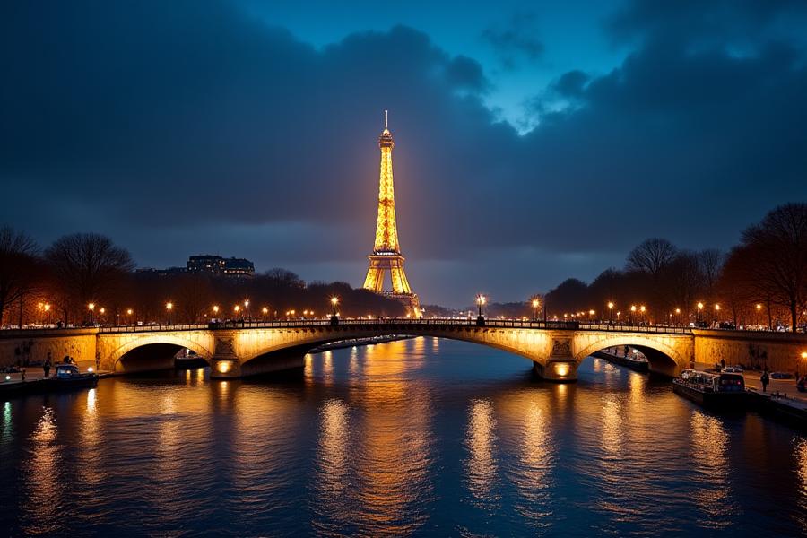 Vue nocturne éclatante du Pont Alexandre III et de la Tour Eiffel illuminée, reflétée dans la Seine. Ambiance de luxe et de romantisme.