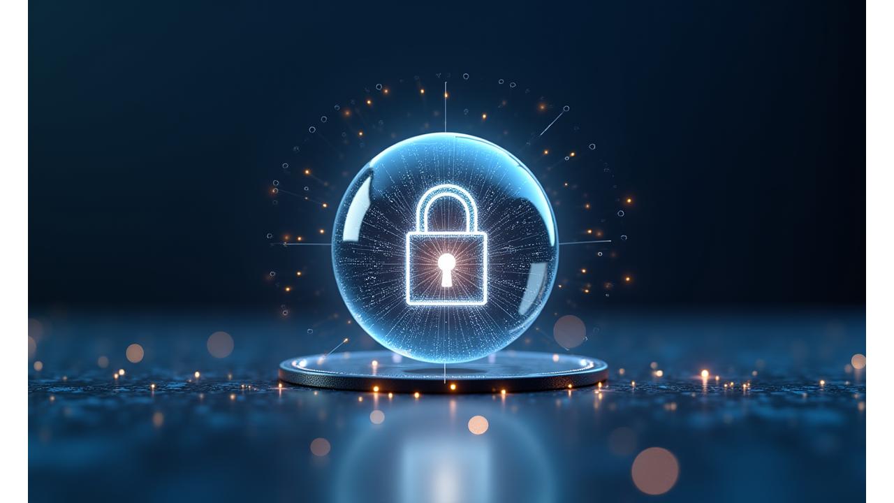 Illustration abstraite de données personnelles sécurisées par un bouclier numérique et des cadenas, symbolisant la protection RGPD.