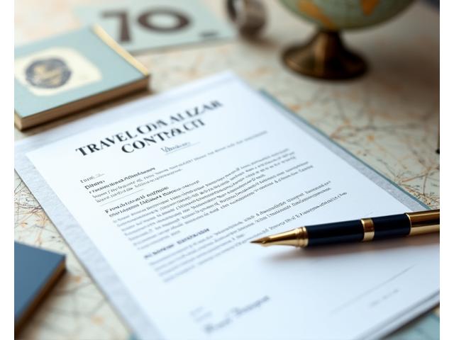 Image d'un contrat de voyage stylisé avec un stylo et un globe terrestre, symbolisant l'accord et la planification sécurisée.
