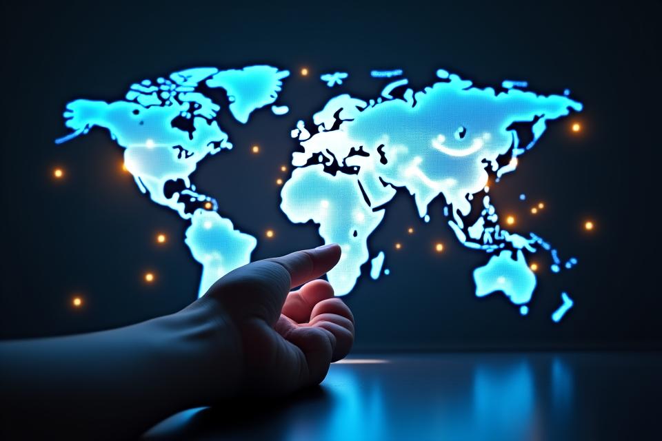 Une main touchant un hologramme interactif d'une carte du monde, avec des marqueurs lumineux et des chemins optimisés s'affichant en 3D, symbolisant la facilité d'utilisation de la démo d'IA.