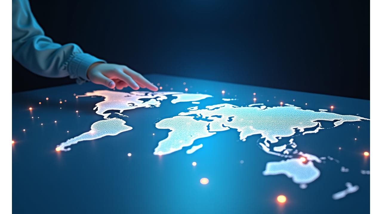 Visualisation dynamique d'un itinéraire généré par IA avec des données flottantes et des connexions lumineuses, montrant le processus d'optimisation en temps réel sur une carte interactive.