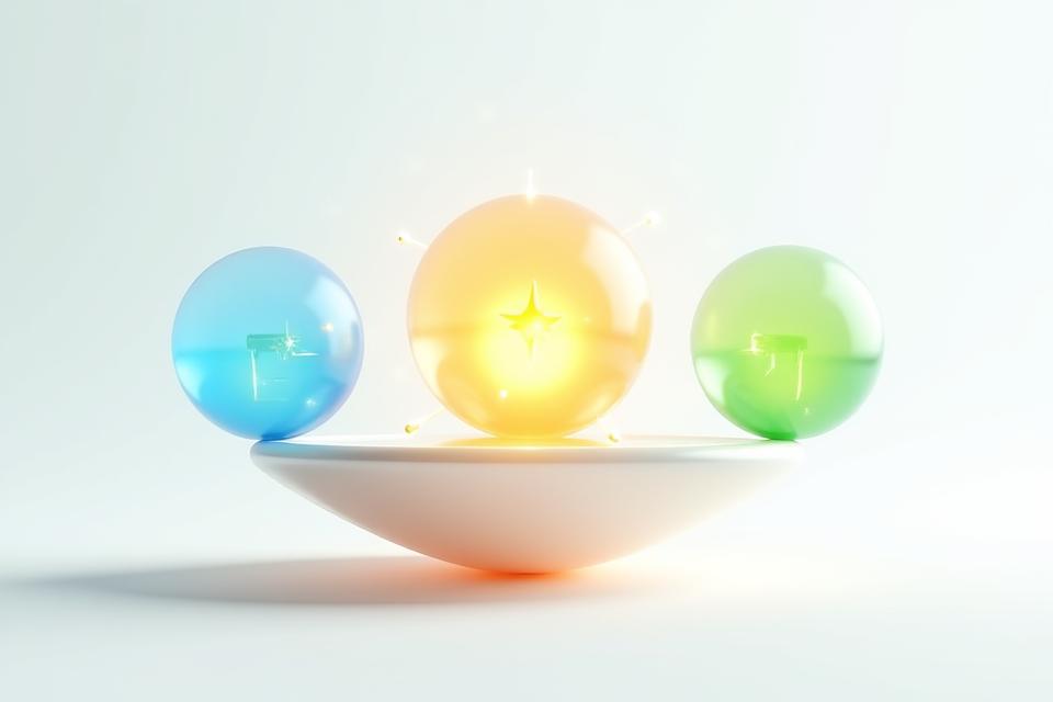 Infographie lumineuse et moderne illustrant l'équilibre de quatre sphères interconnectées : Temps, Budget, Qualité d'Expérience et Durabilité, chacune avec une icône distinctive, tourbillonnant autour d'un noyau central symbolisant l'IA.