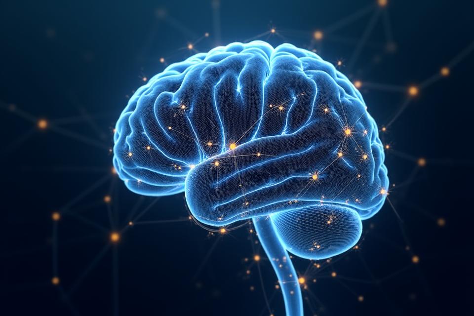 Représentation abstraite d'un cerveau numérique lumineux avec des connexions neuronales entrelacées, symbolisant l'architecture complexe de l'IA propriétaire de Lumière Voyage en pleine R&D.