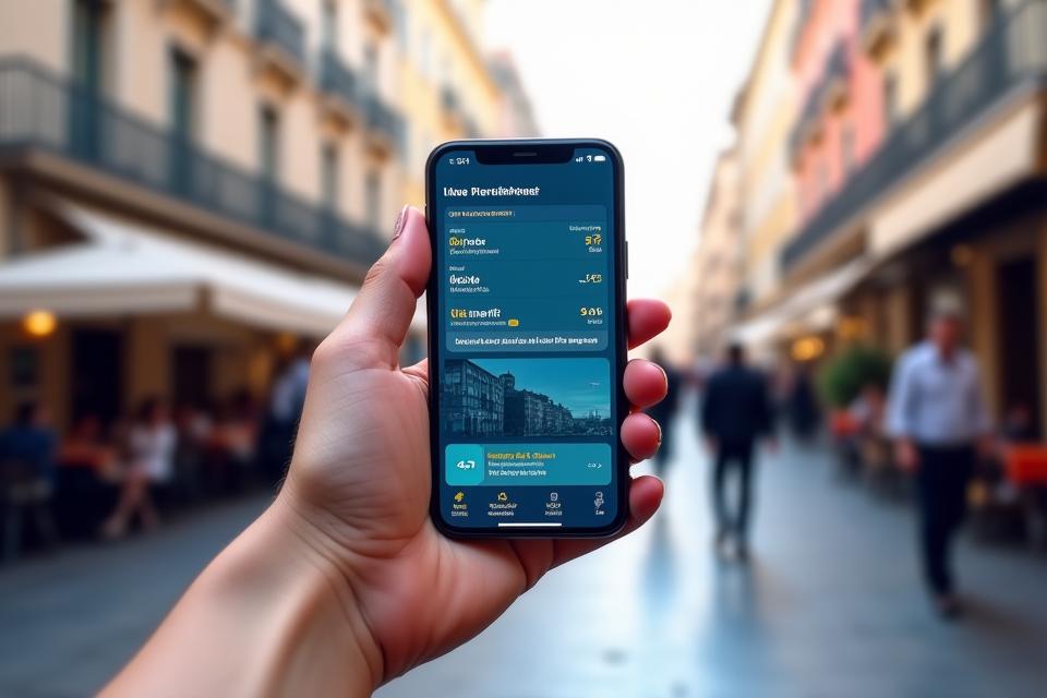 Une interface d'application mobile sur un smartphone flottant, affichant un tableau de bord de voyage en temps réel avec des indicateurs météorologiques, de trafic et des notifications de changements d'itinéraire. La main d'un voyageur tient le téléphone.
