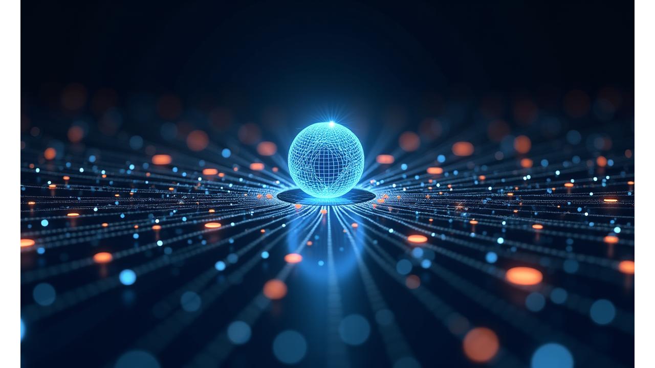 Visualisation de données interactive montrant l'interconnexion de milliers variables. Des lignes lumineuses relient des icônes représentant les catégories de variables (personnel, destination, logistique, externe) sur un fond sombre.