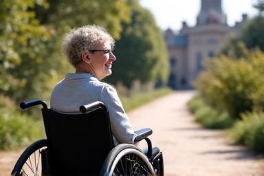 Personne en fauteuil roulant sur un chemin accessible, symbolisant un voyage sur mesure