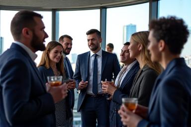 Groupe de personnes en costume interagissant lors d'un événement d'entreprise