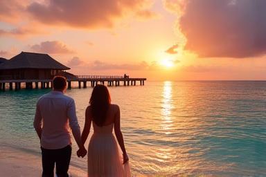 Couple sur une plage déserte au coucher du soleil, symbolisant une lune de miel de luxe
