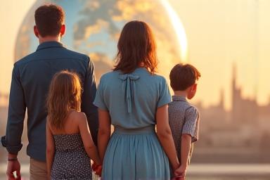 Famille devant un globe terrestre, symbolisant un tour du monde