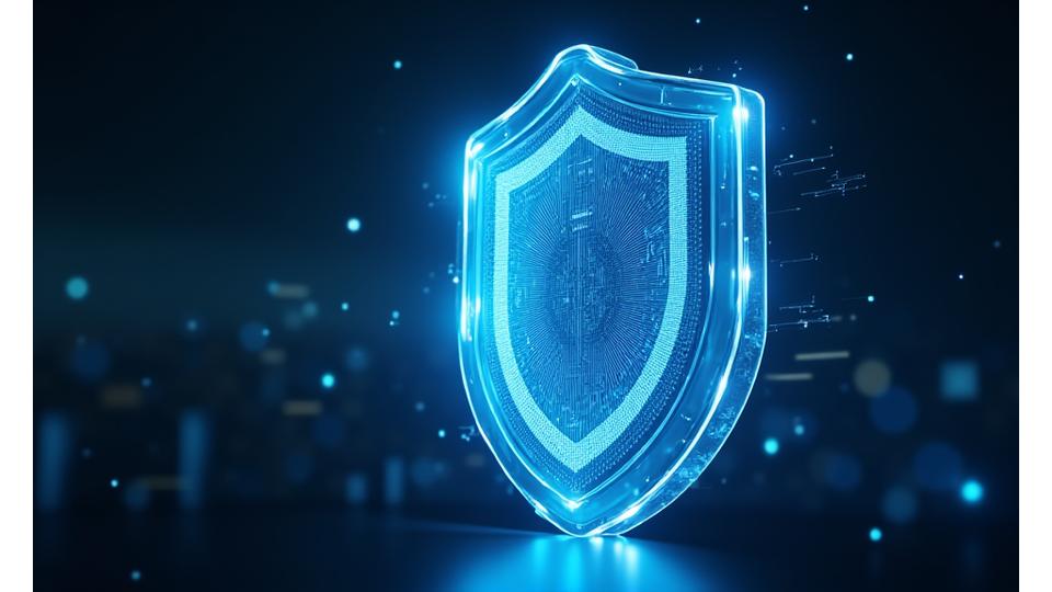 Un bouclier numérique sophistiqué émettant une aura de lumière bleue, symbole de protection des données, avec des circuits imprimés et des symboles de cybersécurité en arrière-plan. L'image dégage un sentiment de sécurité et de technologie de pointe.