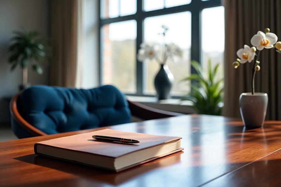 Un bureau de designer luxueux et épuré, avec des dossiers en cuir et une attention aux détails, symbolisant un service personnalisé haut de gamme.