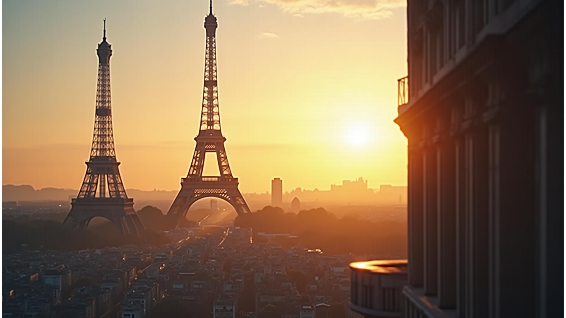 Vue cinématographique de la Tour Eiffel au lever du soleil sur Paris, avec une atmosphère de luxe et de discrétion.