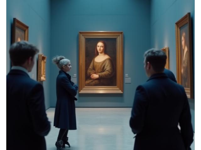 Conservateur privé guidant un petit groupe dans une salle déserte du Louvre après les heures d'ouverture.