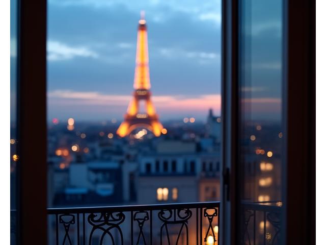 Vue emblématique de la Tour Eiffel depuis une chambre du Shangri-La Paris, au coucher du soleil.
