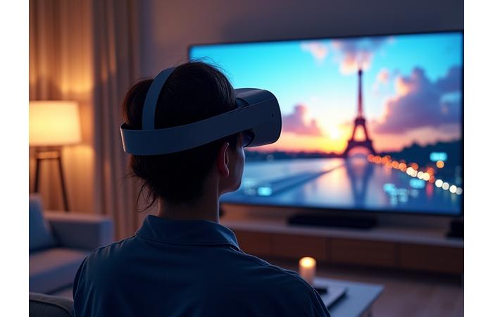 Personne portant un casque de réalité virtuelle, observant un paysage urbain exotique avec des éléments d'interface utilisateur en surimpression.