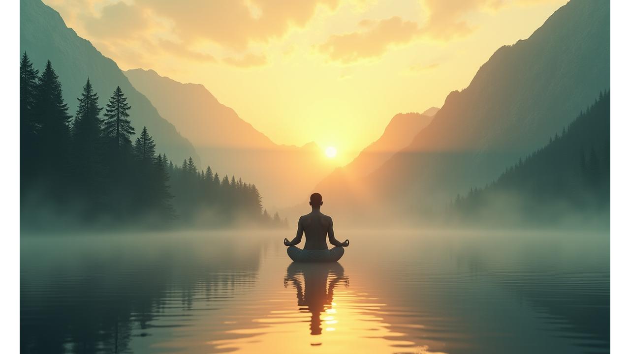 Une femme méditant au lever du soleil dans un paysage montagneux brumeux, symbolisant le slow travel et le bien-être.