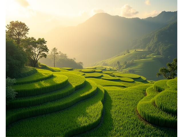 Rizières en terrasses de Bali au lever du soleil, symbolisant une destination zen et naturelle.