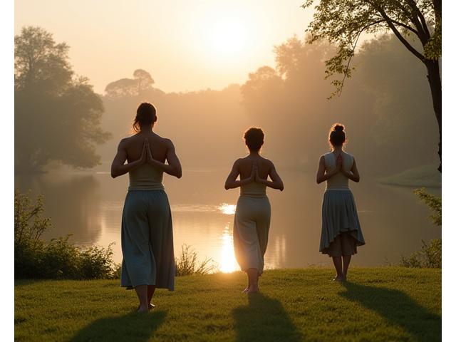 Un groupe pratiquant le yoga en plein air dans un environnement naturel luxuriant, symbolisant les programmes holistiques.