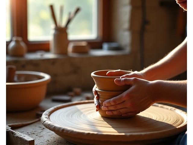 Mains d'un artisan travaillant la poterie d'argile sur un tour, représentant l'artisanat et les traditions