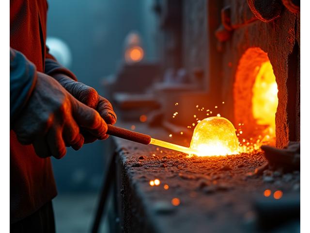 Mains d'un maître verrier façonnant du verre soufflé dans un atelier ancien, mettant en valeur l'artisanat local