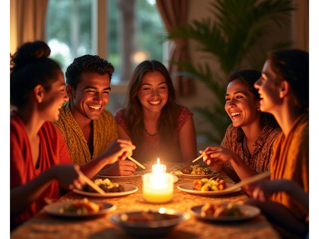 Famille locale souriante partageant un dîner traditionnel dans une cuisine chaleureuse, soulignant les rencontres intimes
