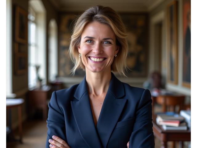 Portrait souriant d'Èlara Benoît, une guide distinguée, à côté d'une bibliothèque ancienne en bois, représentant une experte en histoire de l'art