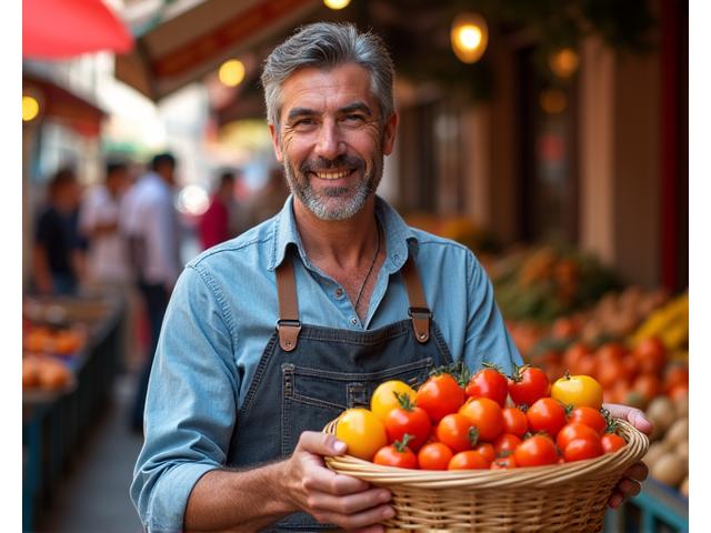 Portrait souriant de Javier Rodriguez, un guide charismatique, dans un marché alimentaire médiéval coloré en Espagne, représentant un expert en gastronomie espagnole