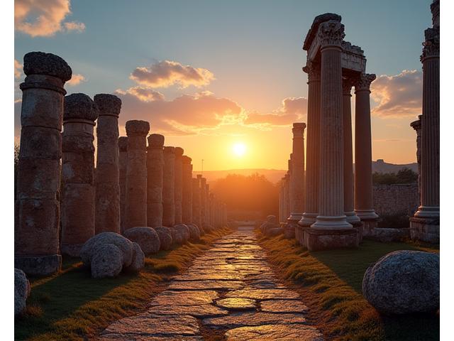 Ruines antiques baignées de soleil au coucher du soleil, symbolisant l'histoire et l'archéologie