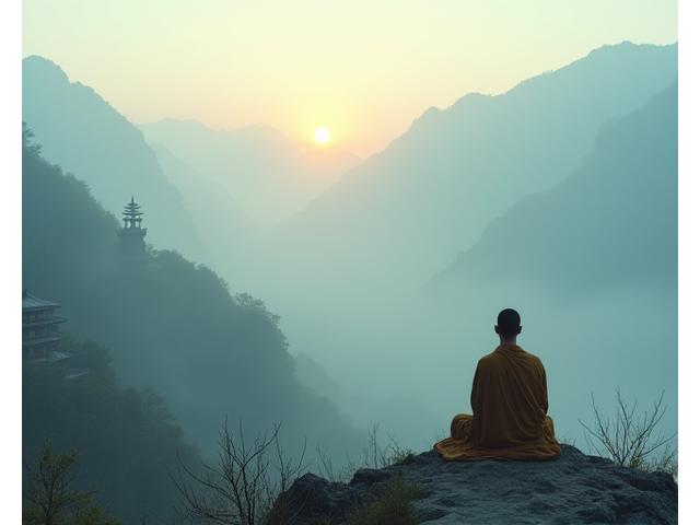 Moine en méditation dans un temple ancien, rayons de lumière traversant les ouvertures, représentant la spiritualité et les pèlerinages