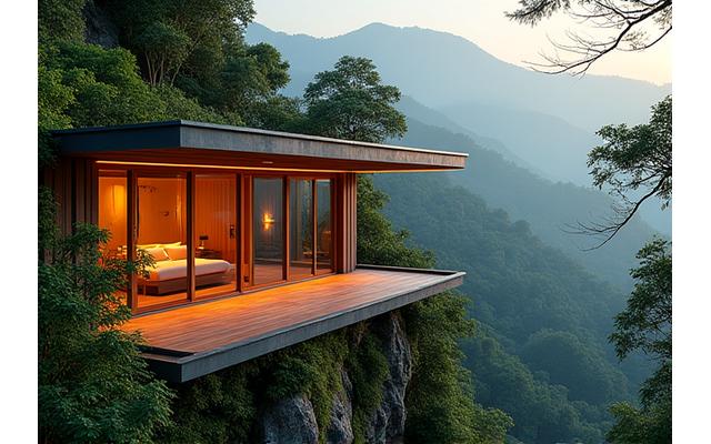 Un éco-lodge luxueux intégré harmonieusement dans un paysage forestier verdoyant, avec des panneaux solaires discrets.