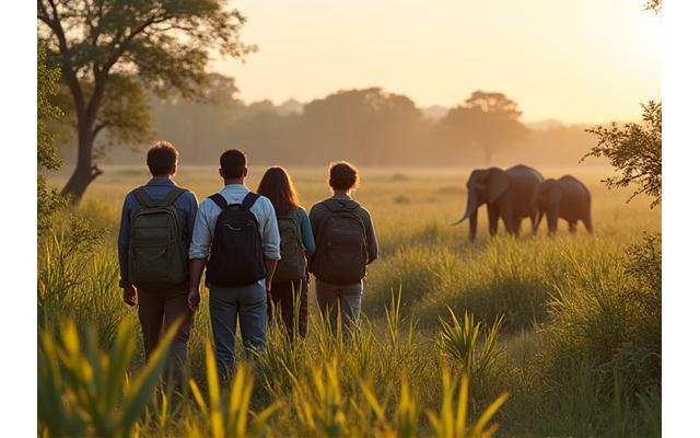 Un groupe de voyageurs observant des animaux sauvages dans leur habitat naturel, accompagnés d'un guide, dans le cadre d'un programme de conservation.