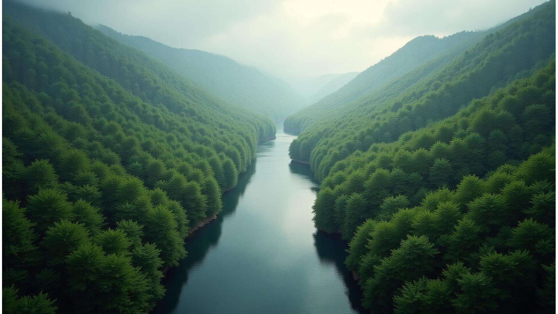 Vue aérienne d'une forêt luxuriante et d'une rivière serpentant, symbolisant la nature préservée grâce au voyage éco-responsable.