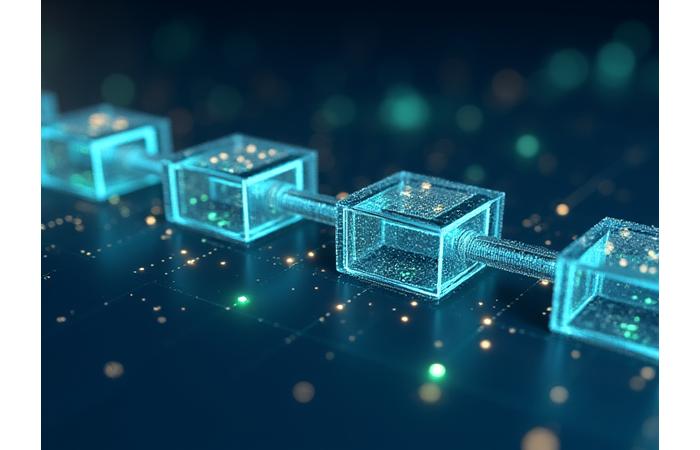 Représentation visuelle de la blockchain avec des blocs liés, des icônes de devises et des symboles de transparence, superposés sur des données d'impact environnemental.