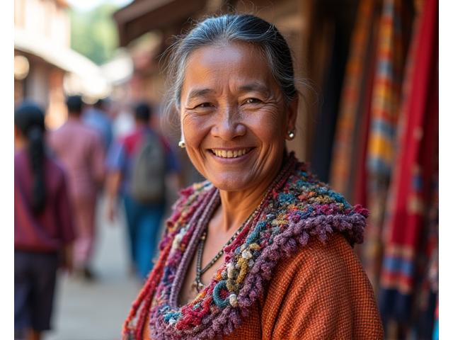 Un artisan local souriant présentant des textiles traditionnels sur un marché animé, représentant le soutien à l'économie locale.